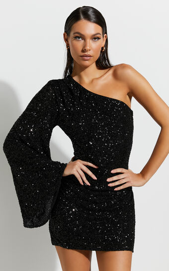 Malisha Mini Dress - One Shoulder Flare Sleeve Dress in Black Sequin