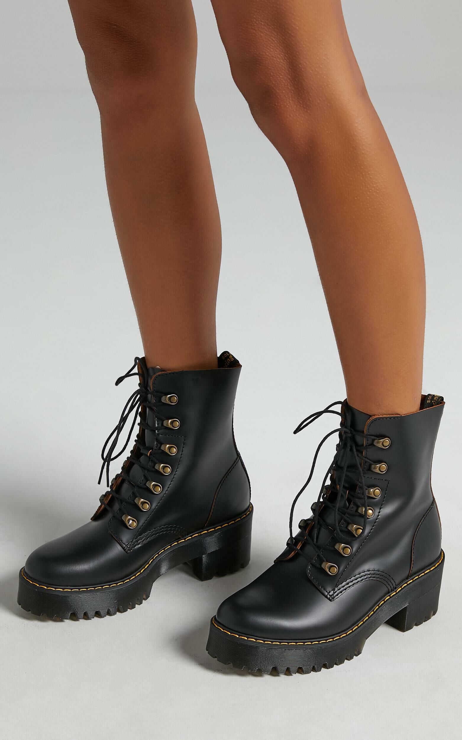 Dr. Martens Leona 7 Hook Boot in Black Vintage Smooth Showpo