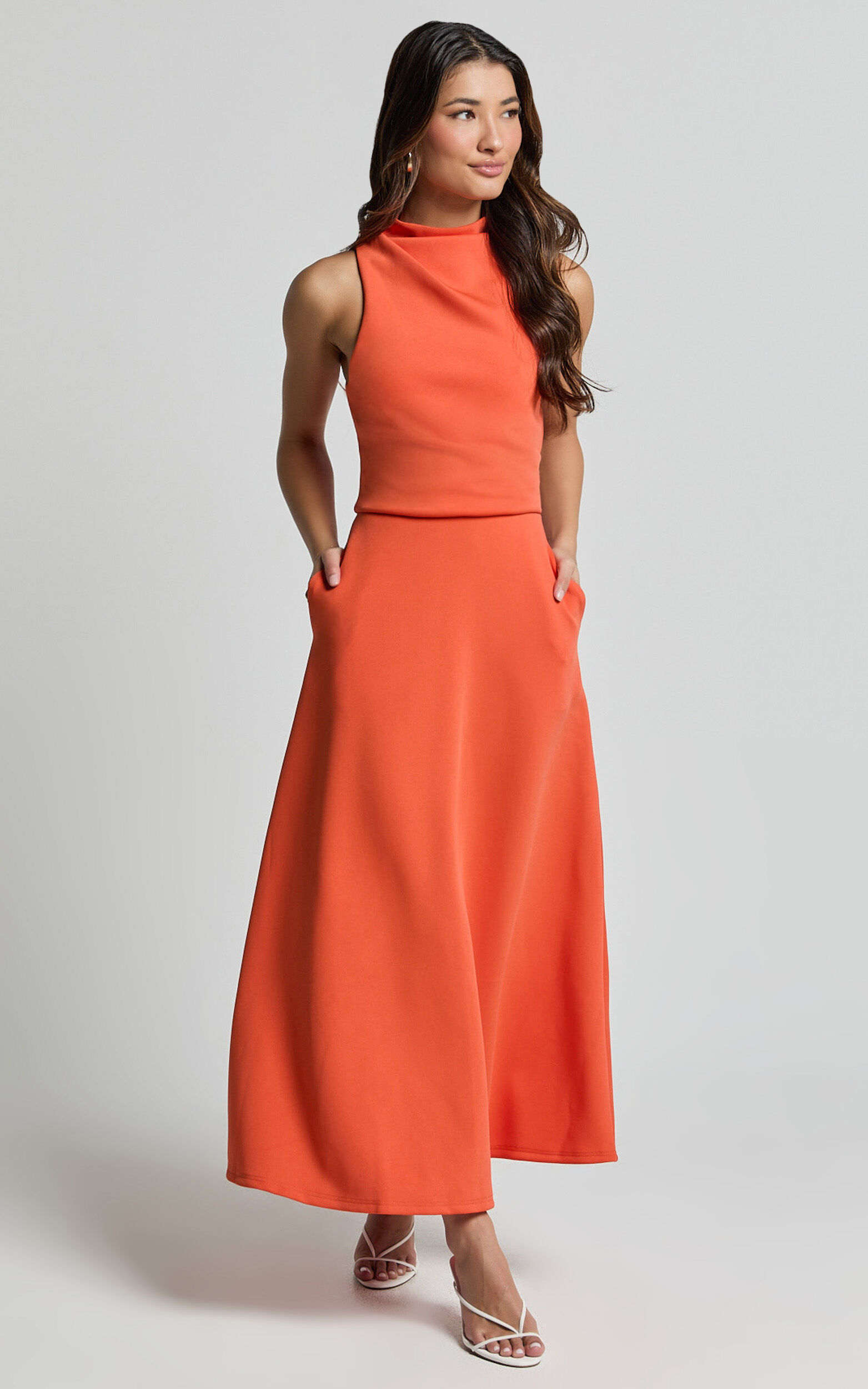 Macy Midi Dress - High Neck A Line Dress in Orange - 06, ORG1
