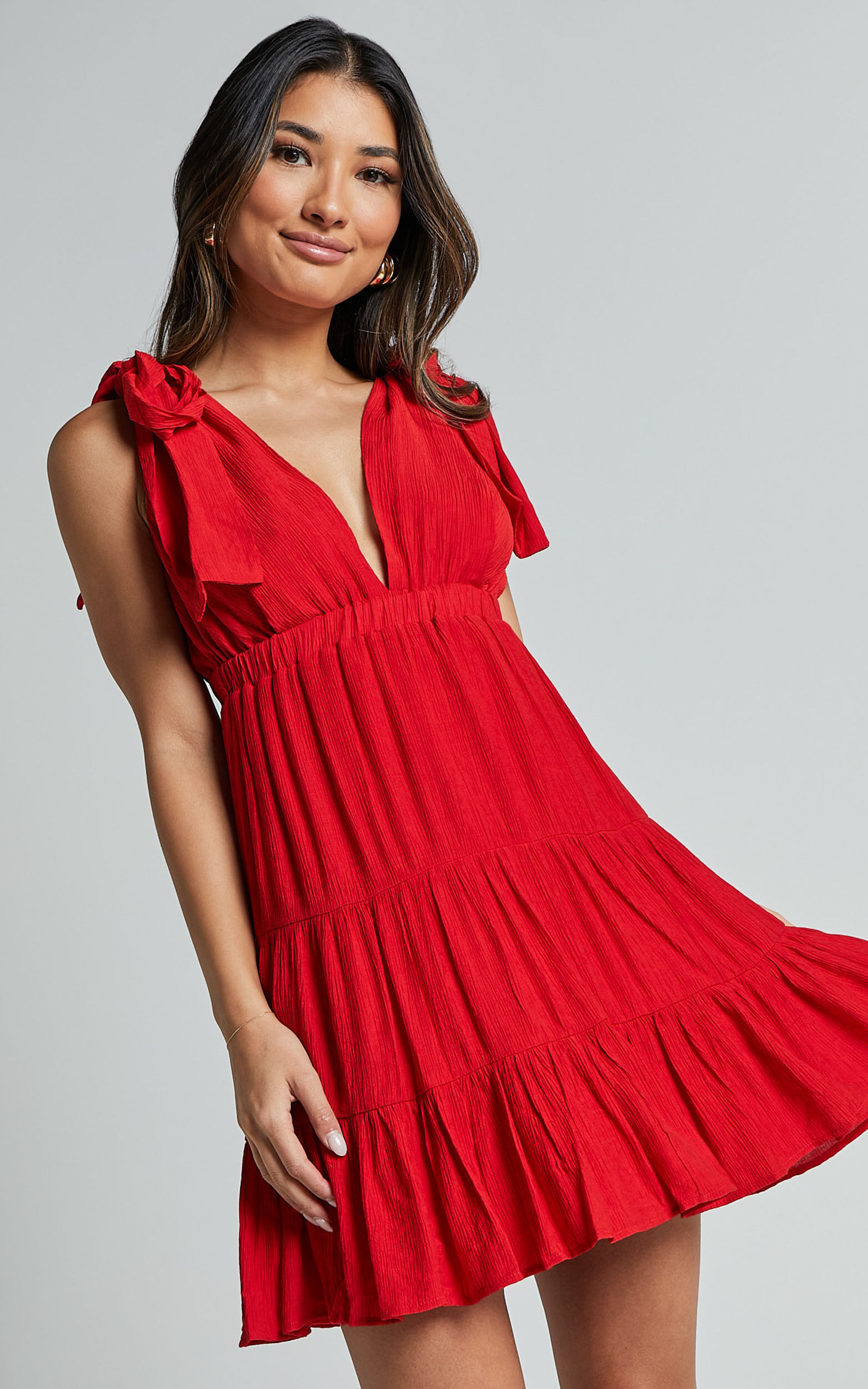 Ramira Mini Dress - Tie Shoulder Plunge Elastic Waist Tiered in Red - 06, RED1