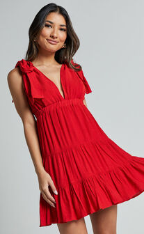 Ramira Mini Dress - Tie Shoulder Plunge Elastic Waist Tiered in Red