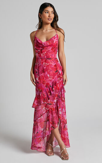 Isobella Midi Dress - Cowl Neck Cross Tie Back Asymmetrical Frill Detail in Pink