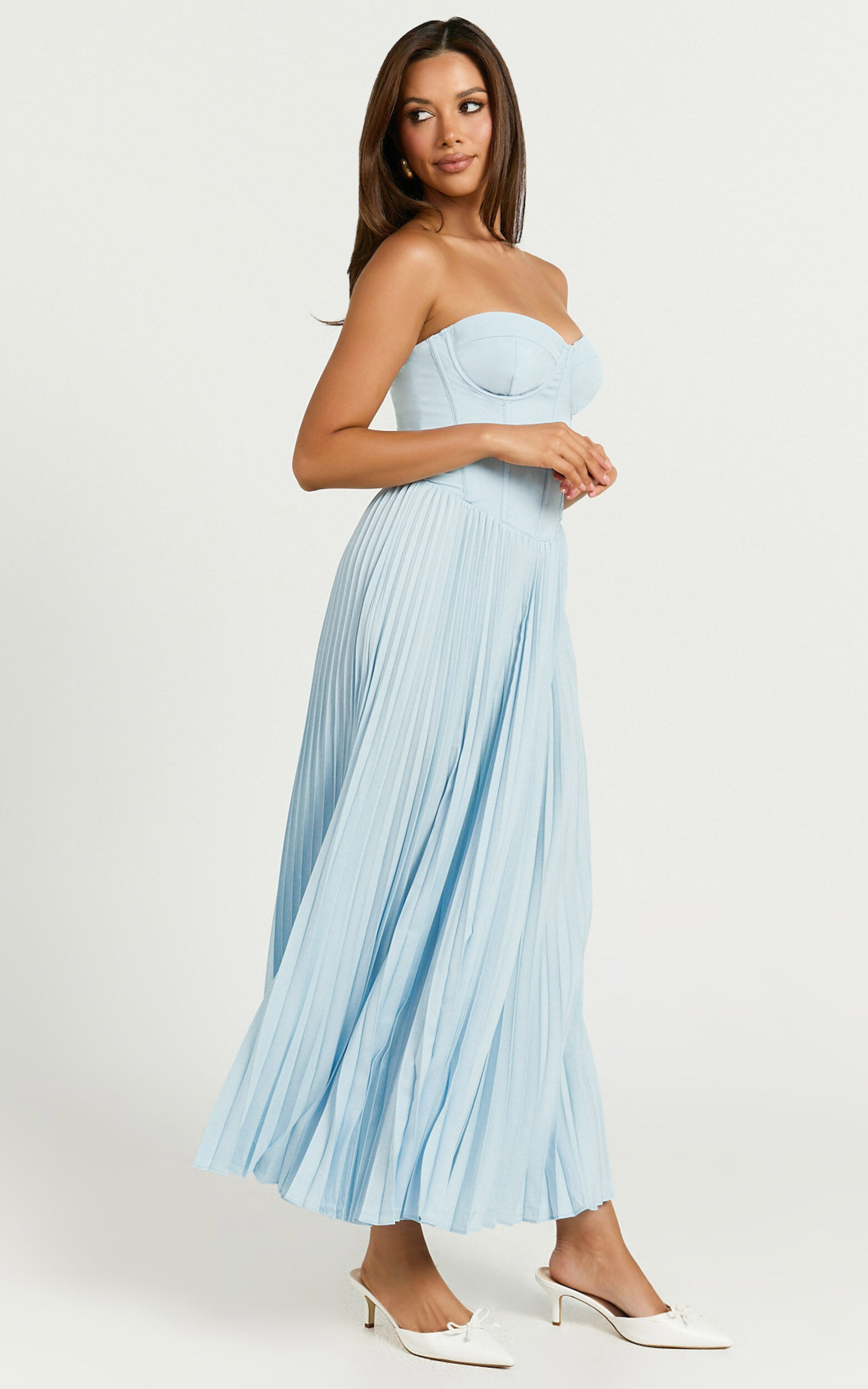 Loretta Midi Dress - Lace Up Back Bustier Pleated Dress in Light Blue | Showpo