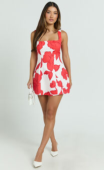 Morgan Mini Dress - Wide Strap Square Neck Fitted Bodice Tulip Skirt Dress in Bouquet Di Fiori Print