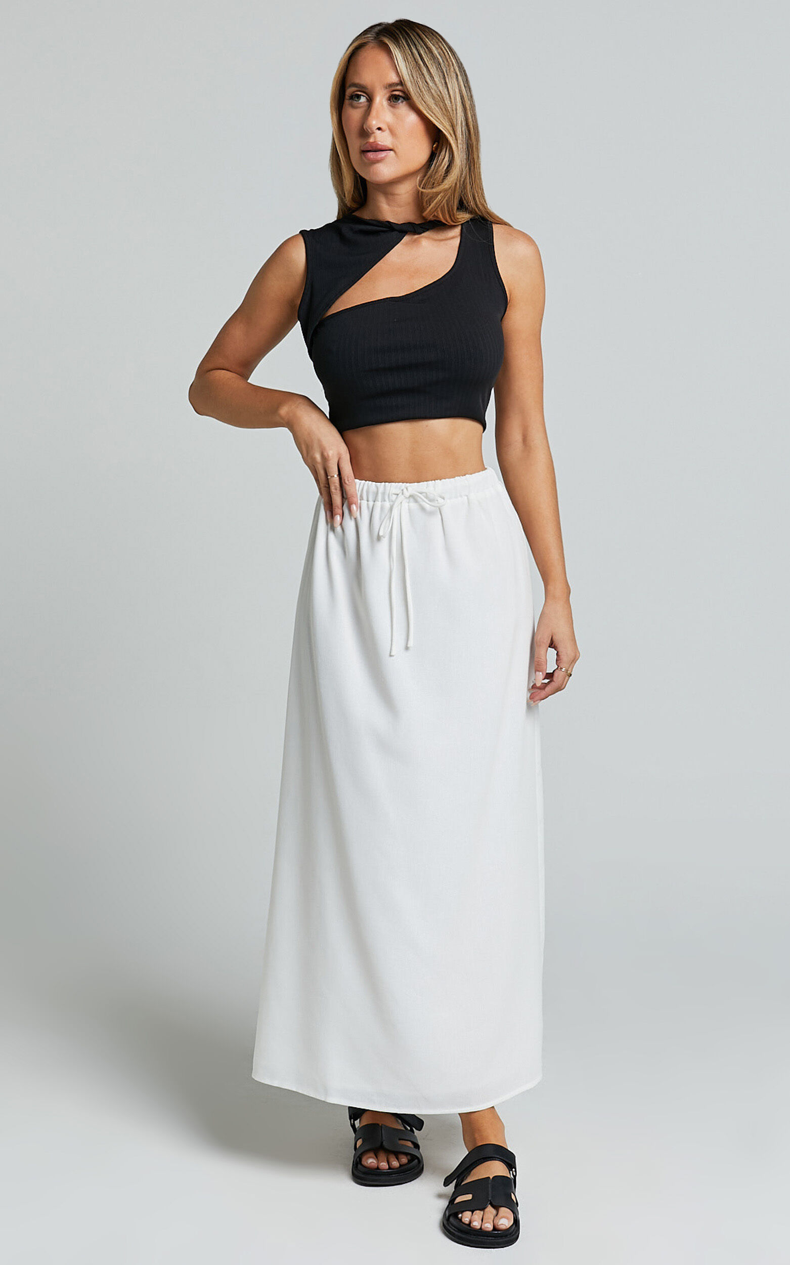 Bree Midi Skirt Tie Waist Linen Look A Line Skirt in White