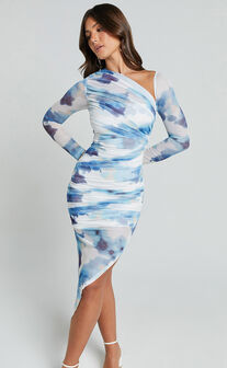 Adalene Midi Dress - Bodycon Long Sleeve Asymmetrical Neckline Dress in Blue Floral