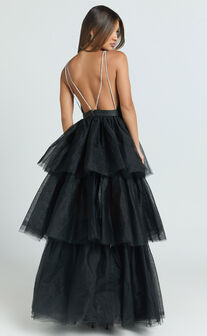 Jemma Maxi Dress - Tiered Tulle Plunge Cross Back Dress in Black
