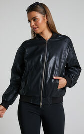 Edzelith Jacket - Faux Leather Bomber Jacket in Black | Showpo USA
