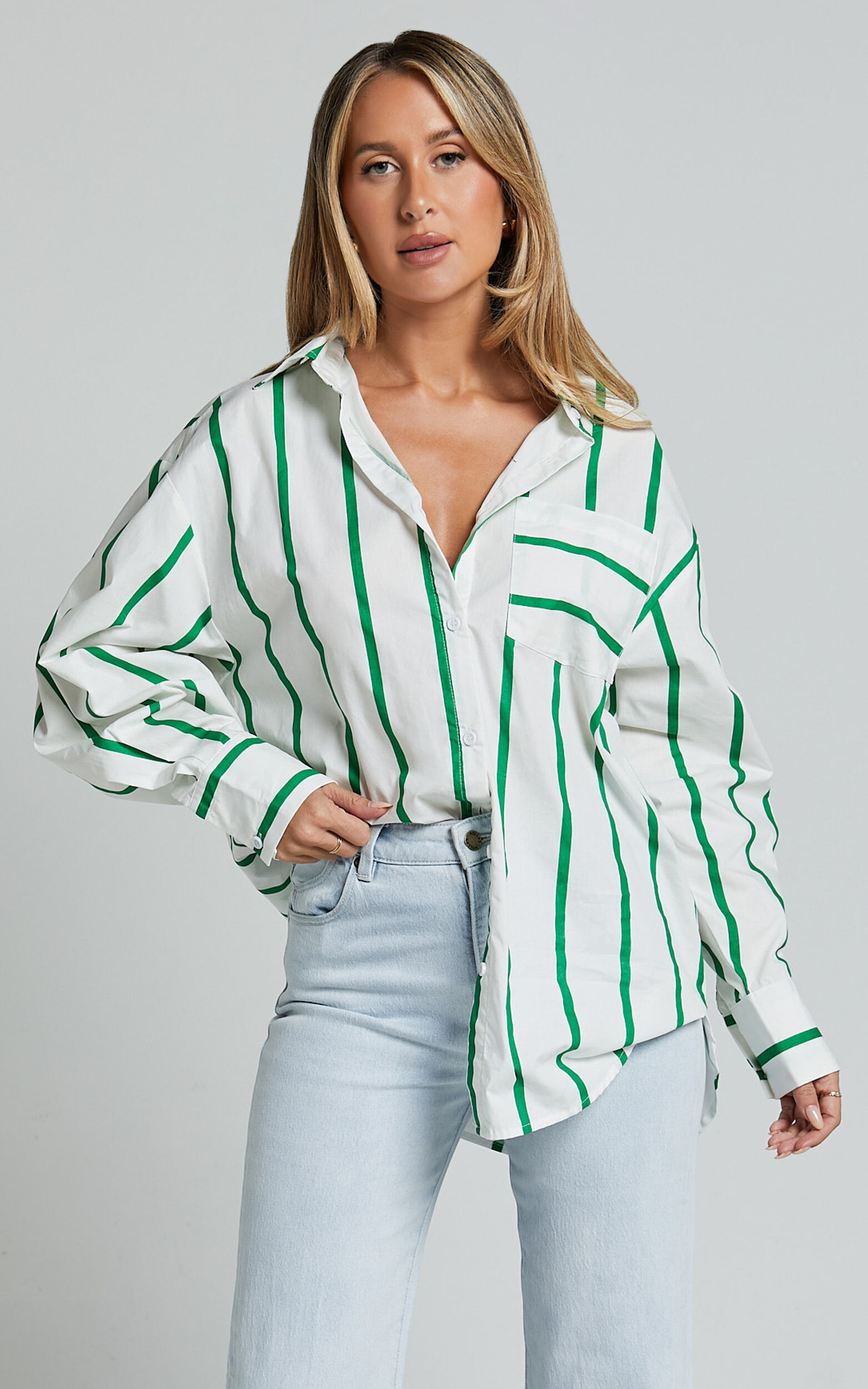 Jaycey Shirt - Long Sleeve Pocket Detail Shirt in WHITE AND GREEN STRIPE - 04, WHT1