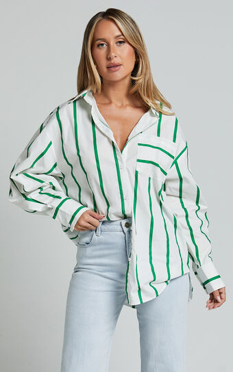 Jaycey Shirt - Long Sleeve Pocket Detail Shirt in WHITE AND GREEN STRIPE
