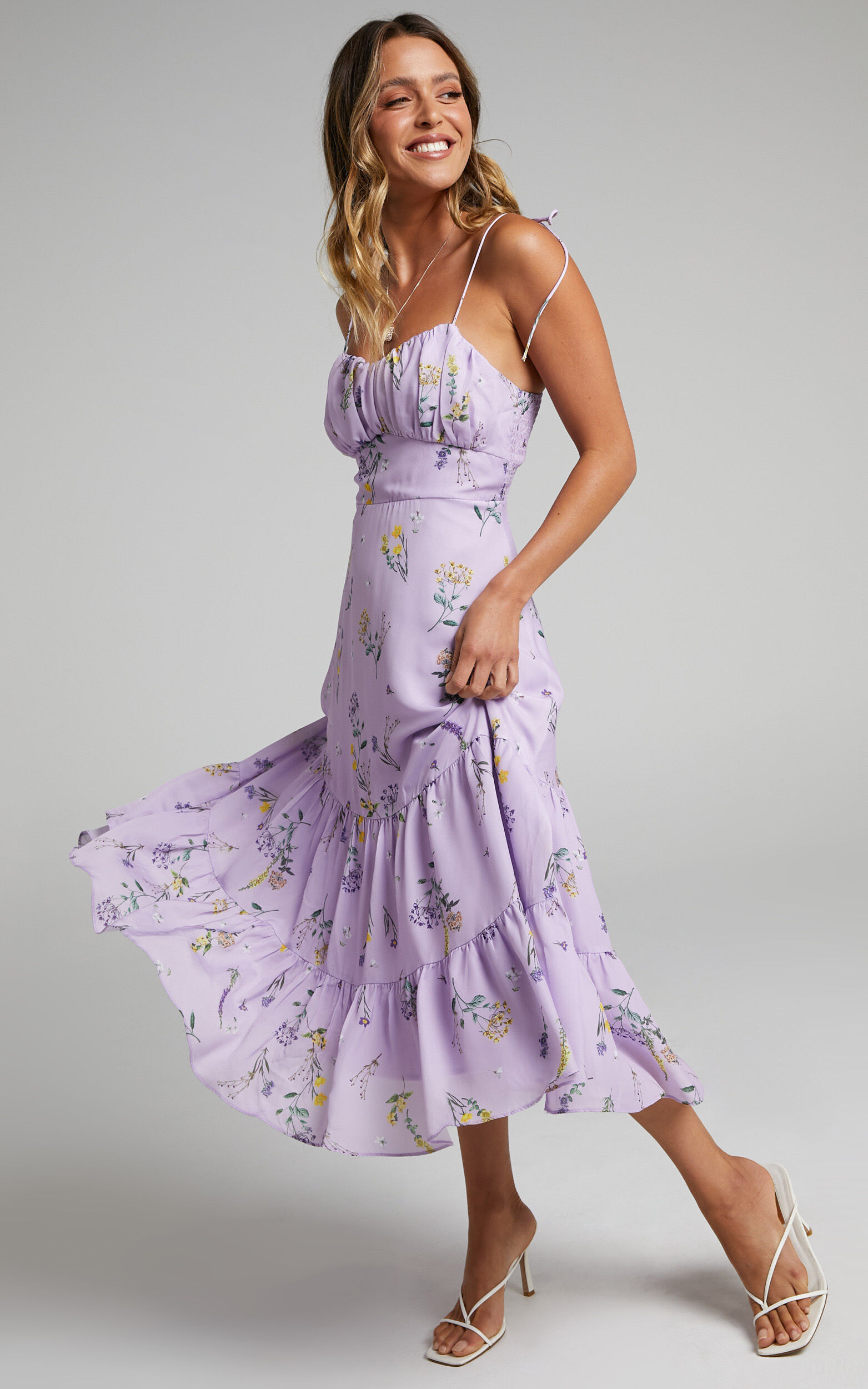 Monaco Midi Dress - Strappy Sweetheart Tiered Dress in Lavender Botanical  Floral | Showpo USA