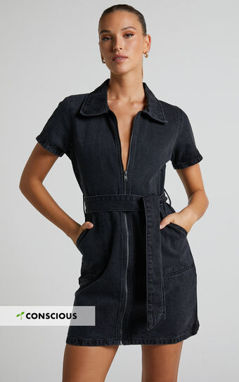 Nandini Mini Dress - Zip Through Denim Dress in Black Wash