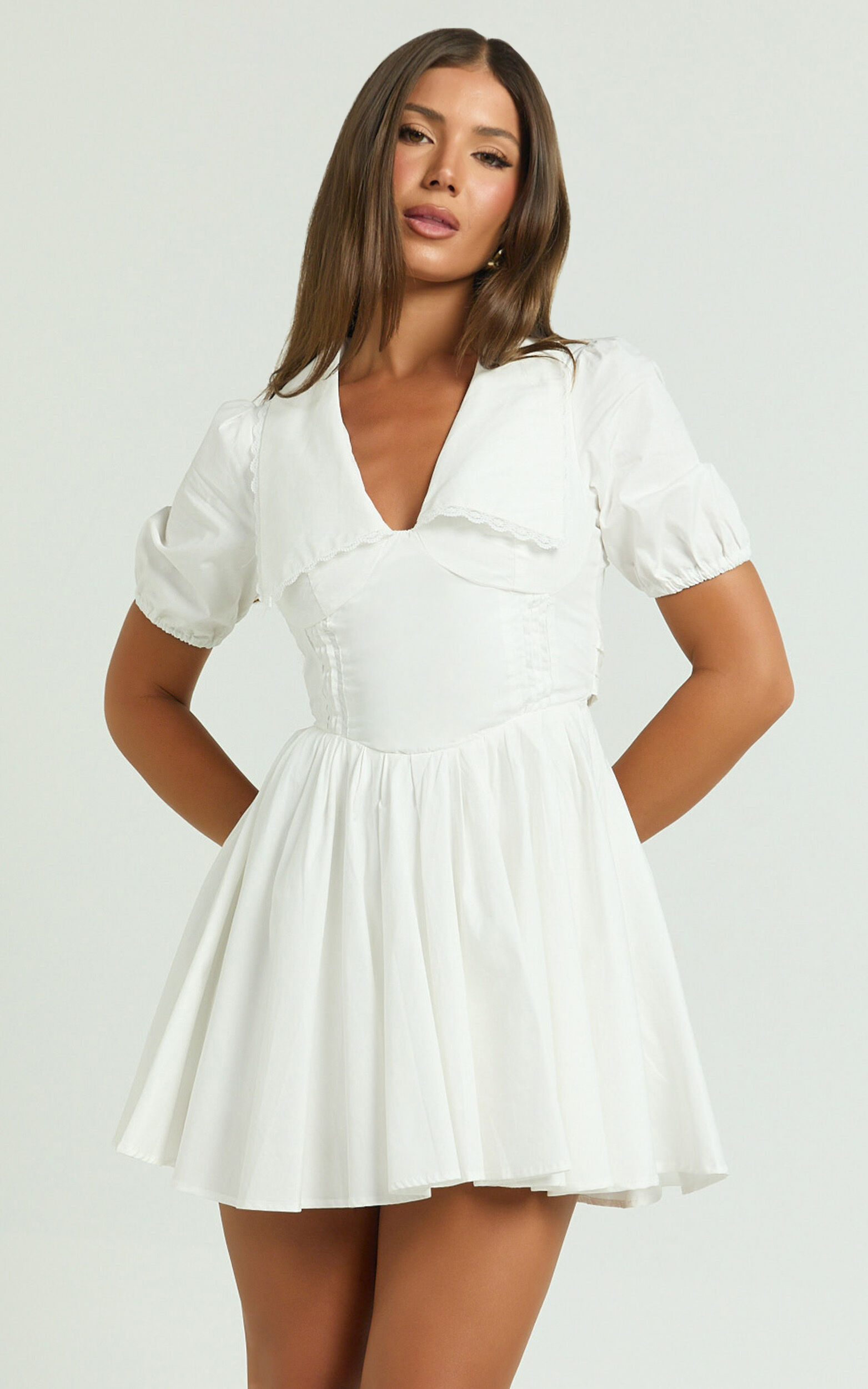 Jhorgen Mini Dress - Collared Puff Sleeve Dress in White - 06, WHT1