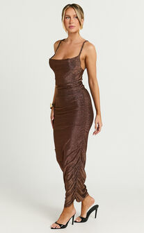 Roma Midi Dress - Ruched Cowl Neck Dress in Chocolate Lurex