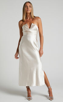 Jaslynn Midi Dress - Strapless V Neck Satin Dress in Champagne