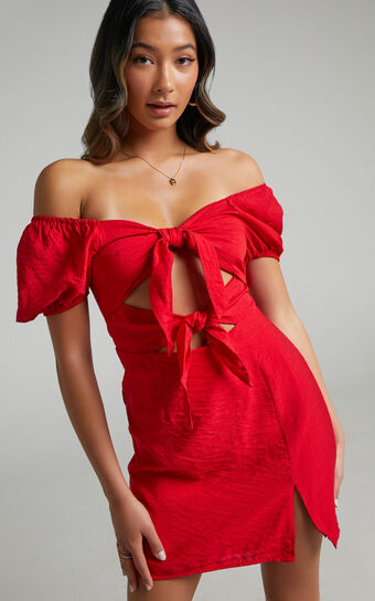 Alexandrine Double Bow Short Sleeve Mini Dress in Red