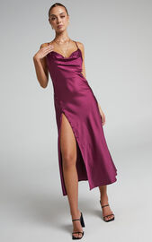 Flordeliza Midi Dress - Cowl Neck Thigh Slit Slip Dress in Magenta ...