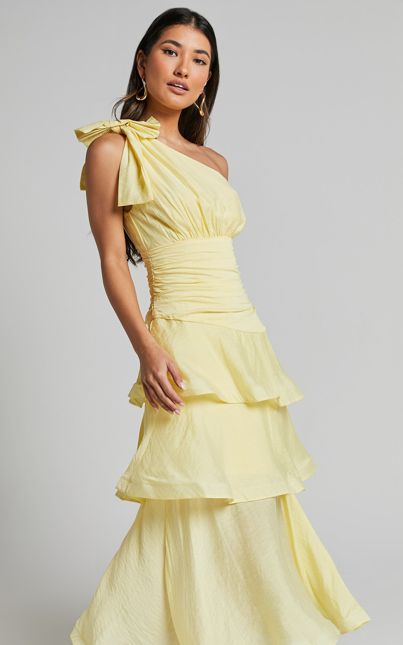 Eugenia Midi Dress - One Shoulder Fit and Flare Layered Dress in Yellow ...