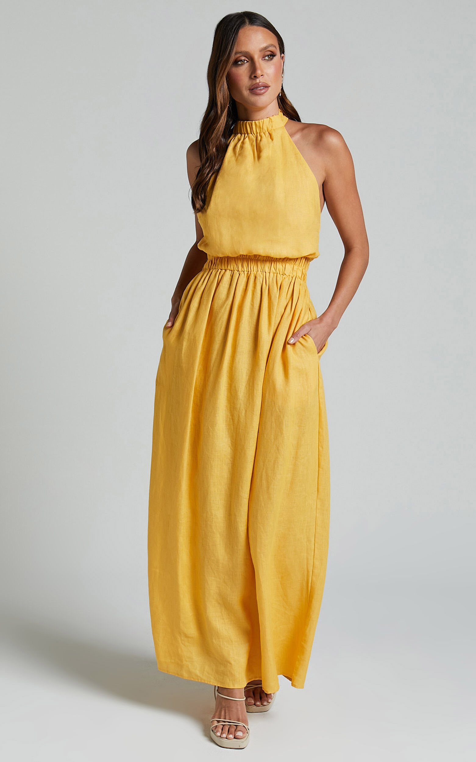 Yellow halter cheap neck maxi dress