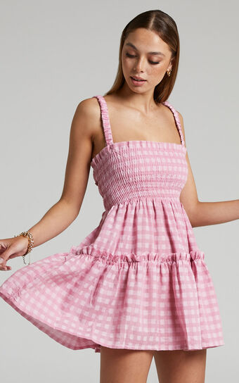 Wilda Mini Dress - Shirred Tiered Dress in Pink Check