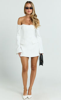 Nettie Mini Dress - Off Shoulder Longsleeve Fit and Flare Dress in White