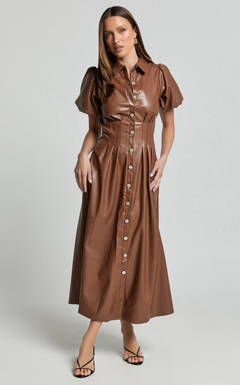 Ziva Midi Dress - Short Puff Sleeve Button Through Dress in Chocolate