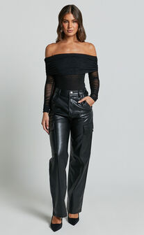 Elviera Pants - High Waisted Faux Leather Cargo Pants in Black