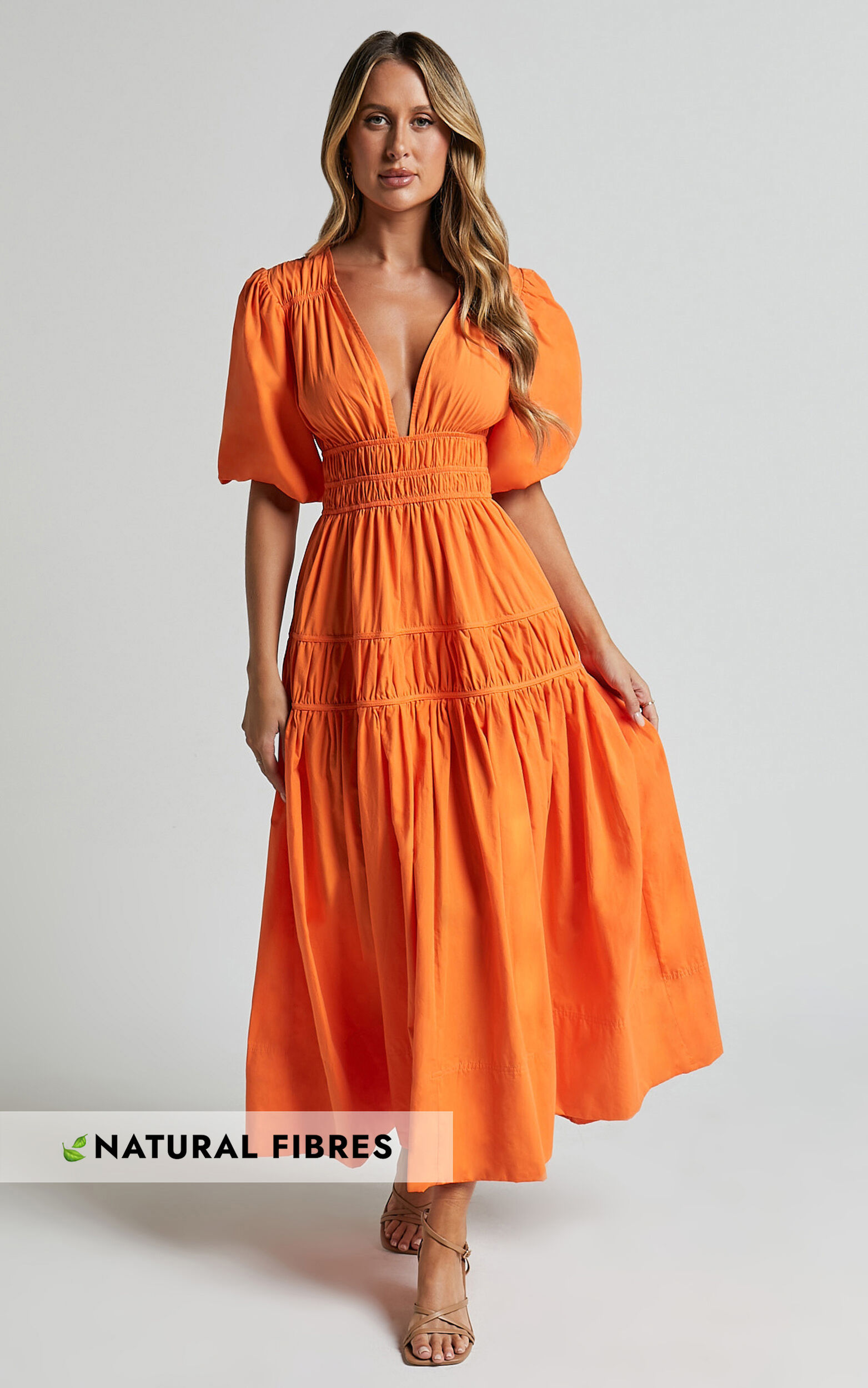 Mellie Midi Dress - Puff Sleeve Plunge Tiered Dress in Orange - 06, ORG1