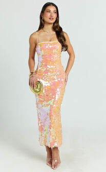 Casey Midi Dress - Square Neck Sequin Bodycon Dress in Peach