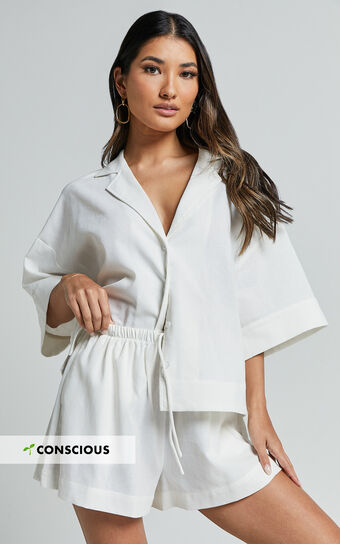 Renzo Shirt - Linen Look Collared Wide Sleeve Relaxed Shirt in White