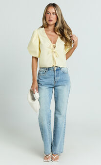 Dana Top - Bow Tie Front Puff Sleeve Blouse in Lemon