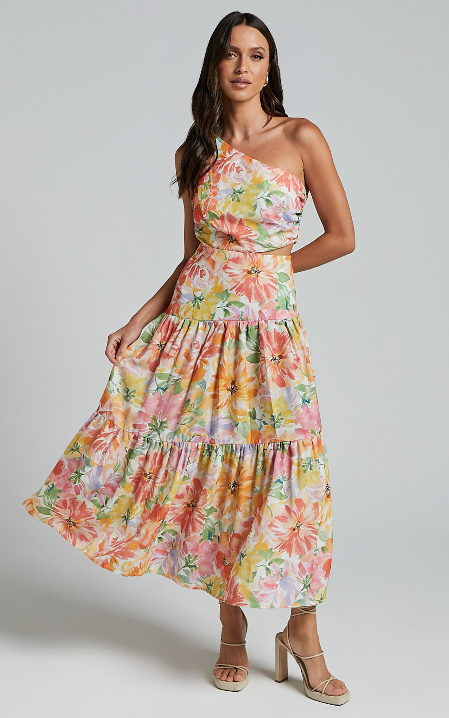 Mitzy Midi Dress - One Shoulder Cut Out Tiered Dress in Summer Floral - 06, ORG1