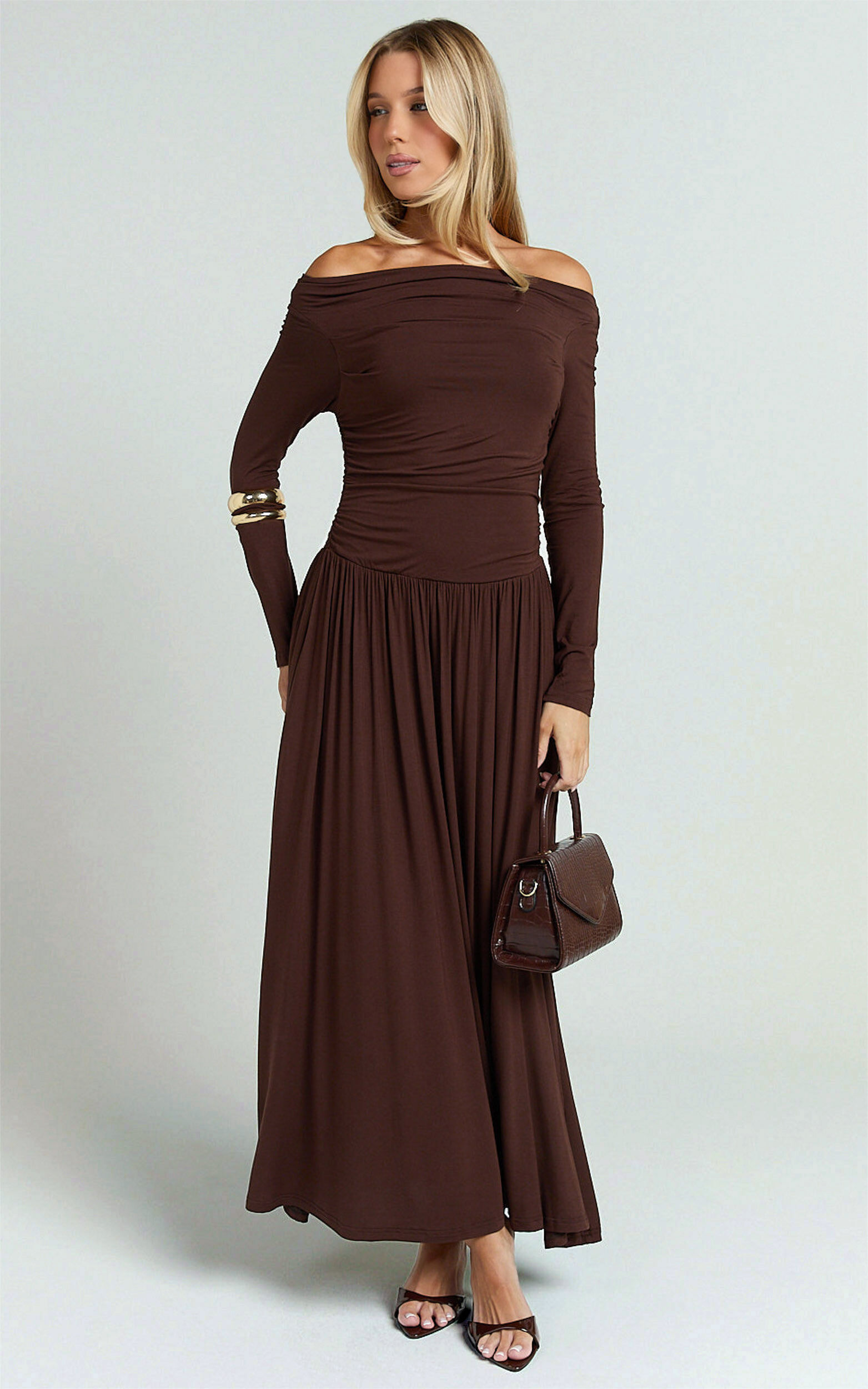 Antonia Maxi Dress - Off The Shoulder Long Sleeve Dress in Brown