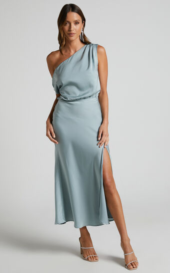 Nelya Midi Dress - High Low One Shoulder Dress in Blue Mist