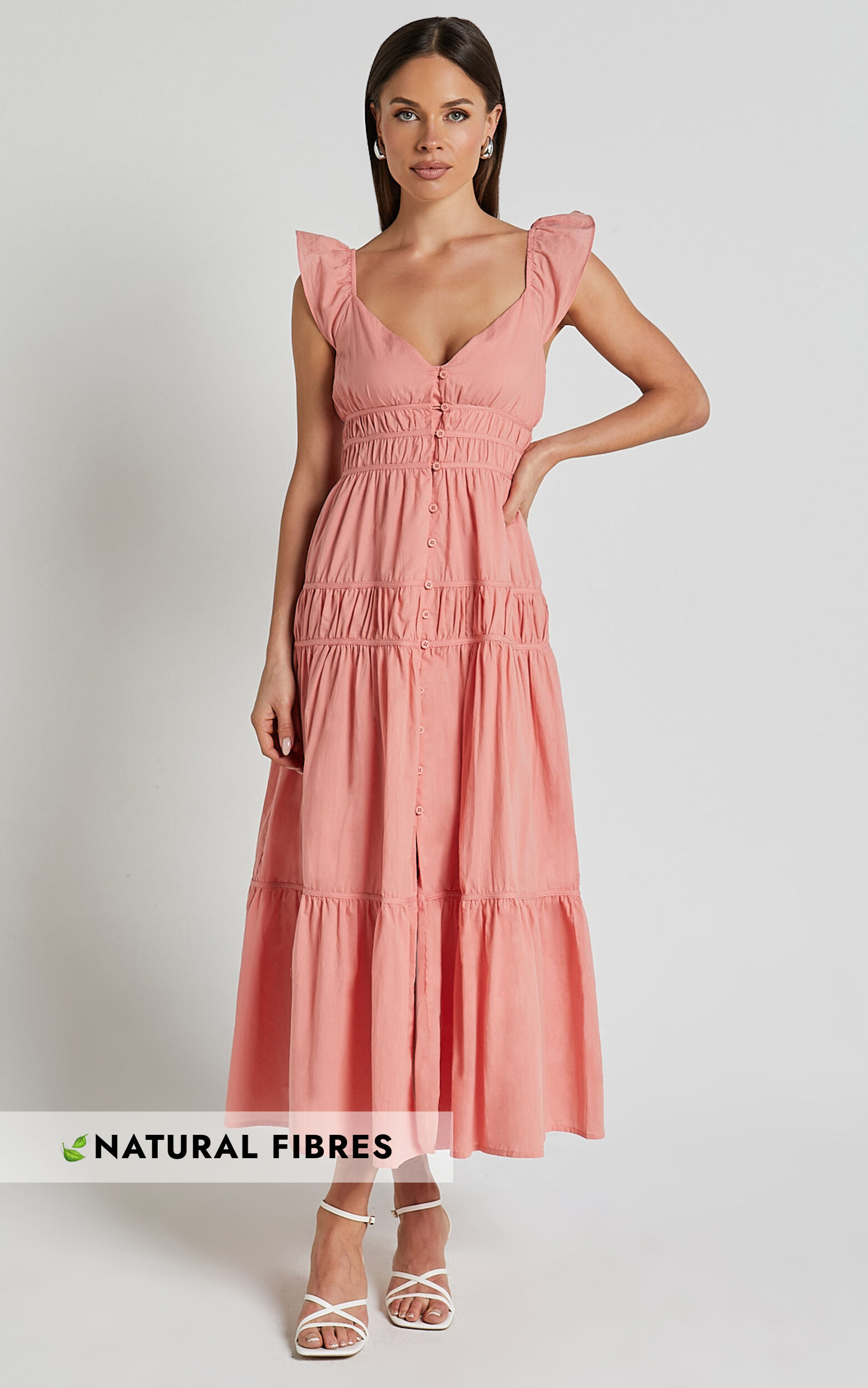 Addi Midi Dress - Button Front Plunge Neck Short Flutter Sleeve Tiered in Peach Fuzz - 06, ORG1