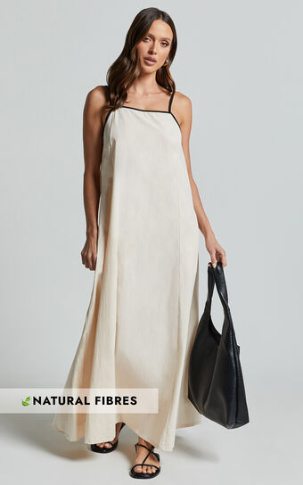 Angelina Midi Dress - Straight Neck Sleeveless A Line Dress in Natural No Brand