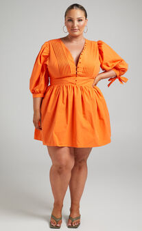 Zandra Mini Dress - Puff Sleeve Poplin Dress in Orange