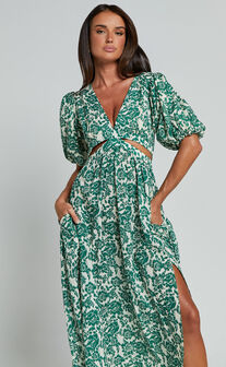 Nelli Midi Dress - Short Sleeve Cut Out Dress in Green Silhouette