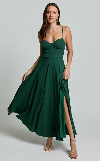Elijah Maxi Dress - Bust Cup Tie Strap Dress in Forest Green