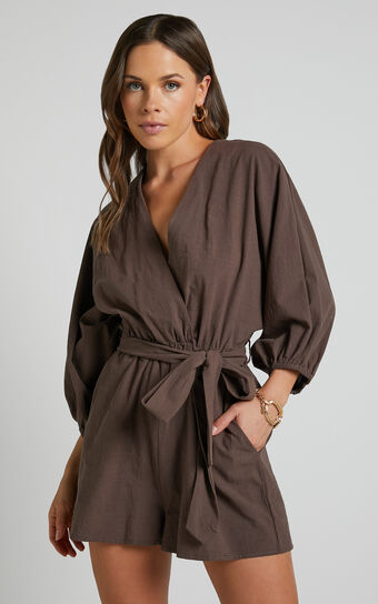 Kiro Playsuit - Linen V Neck Puff Sleeve Tie Waist Playsuit in Chocolate