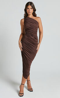 Lovlin Midi Dress - One Shoulder Ruched Dress in Chocolate