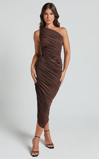 Lovlin Midi Dress - One Shoulder Ruched Dress in Chocolate Showpo
