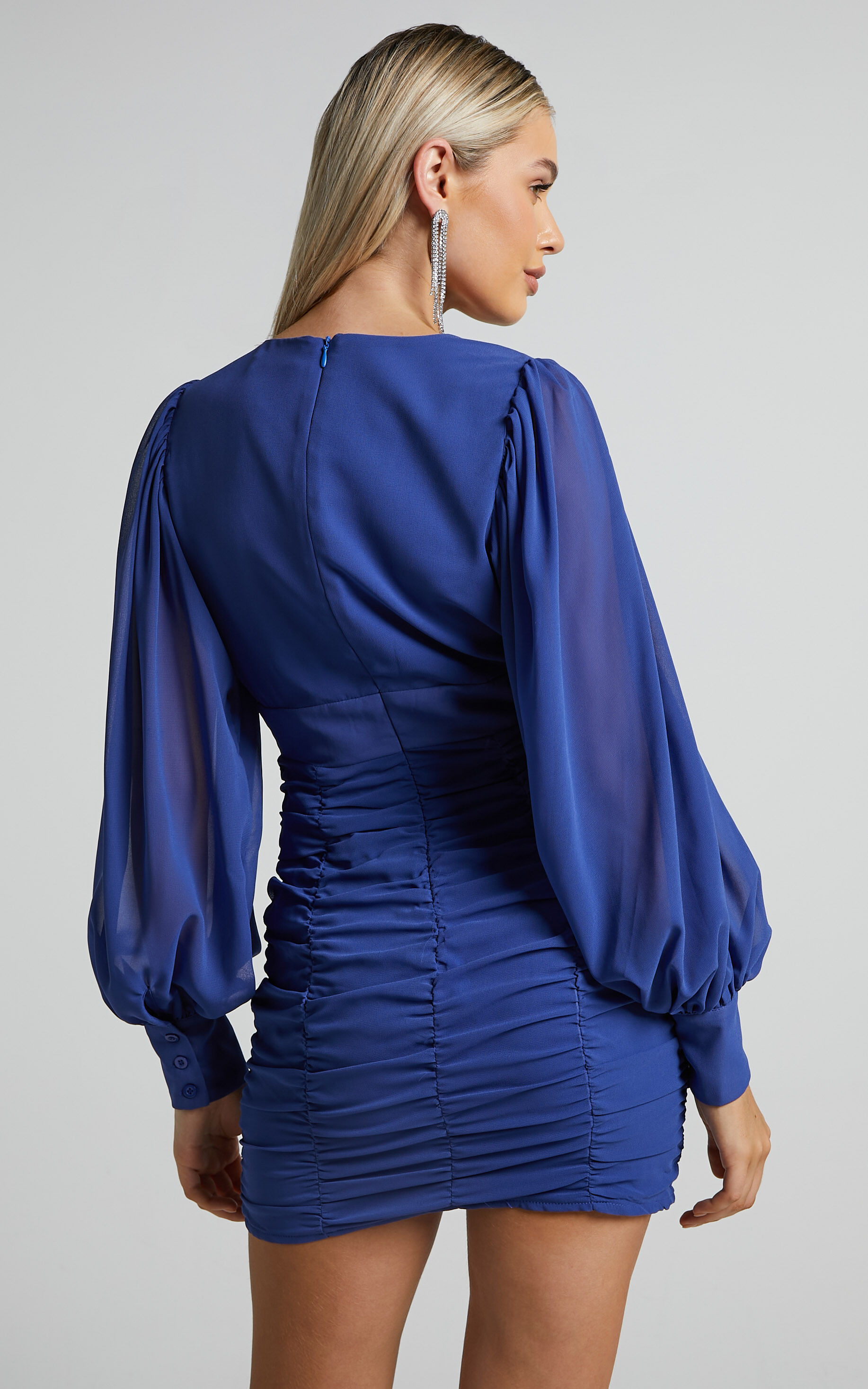Hollis Mini Dress Ruched Long Sleeve Plunge Neck Dress in Cobalt