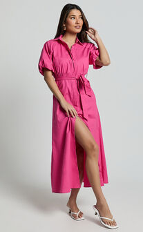 Jesse Midi Dress - Puff Sleeve Collared Shirt Dress in Hot Pink