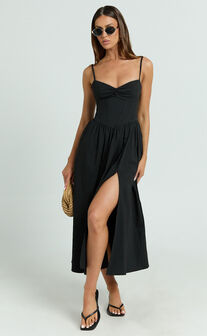 Maddie Midi Dress - Sweetheart Fit And Flare Gathered Dress in Black