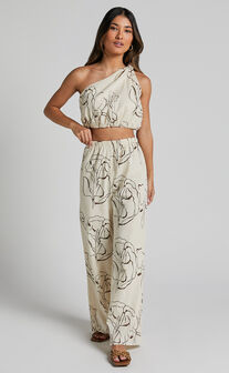 Jemima Two Piece Set - Linen Look One Shoulder Crop and Pants Set in Rust Floral