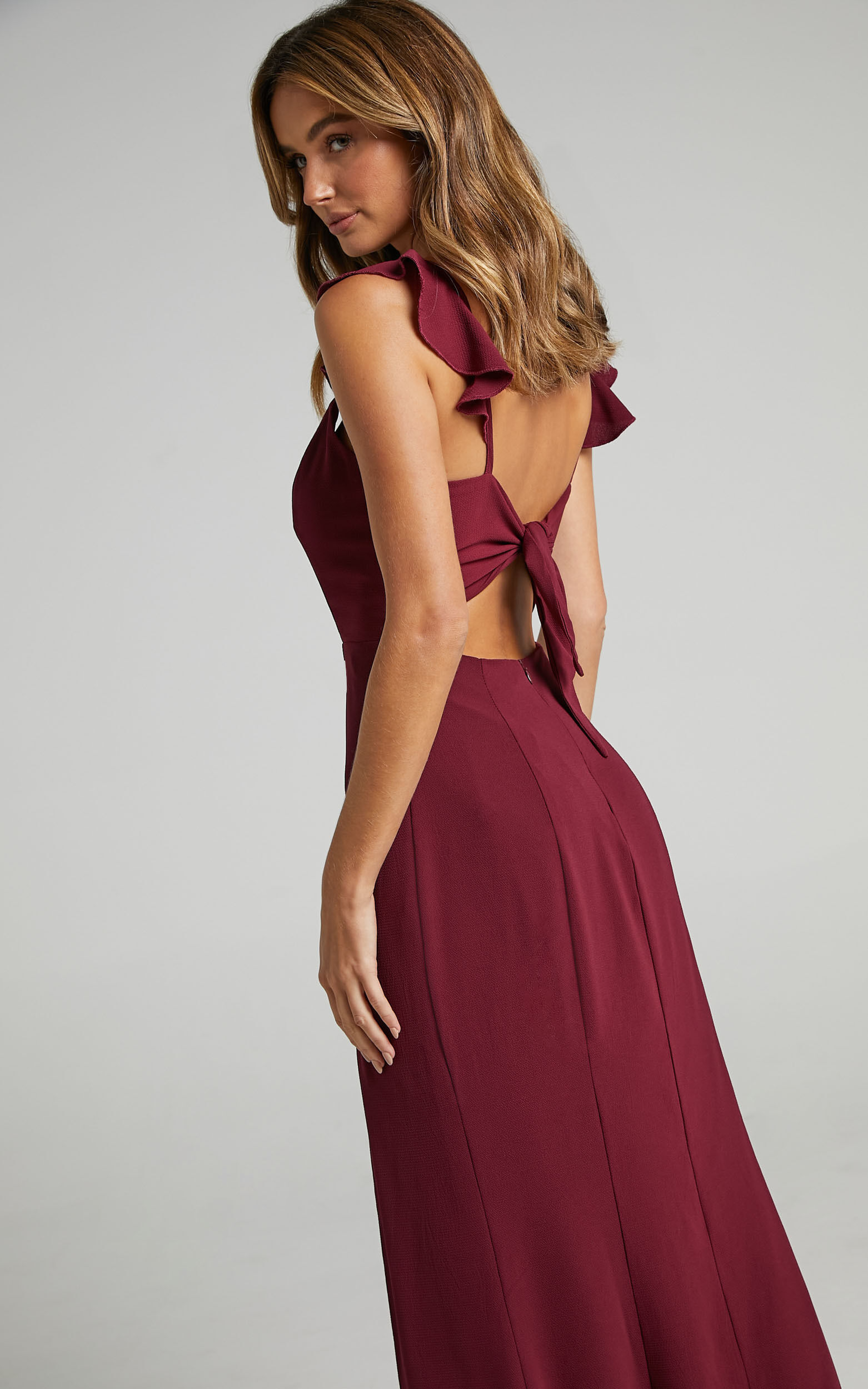 More Than This Midi Dress Ruffle Strap Thigh Split Dress in Wine