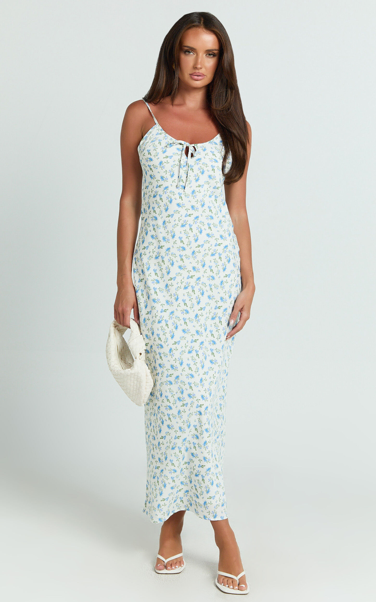 Owen Maxi Dress - Strappy Scoop Neck Tie Front Bias Skirt Dress in Blue Ditsy Floral - 06, WHT1