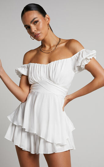 Courtney Playsuit - Off Shoulder Puff Sleeve Ruffle Playsuit in White