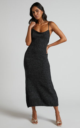 Yurika Midi Dress - Knit Open Back Dress in Black Marle